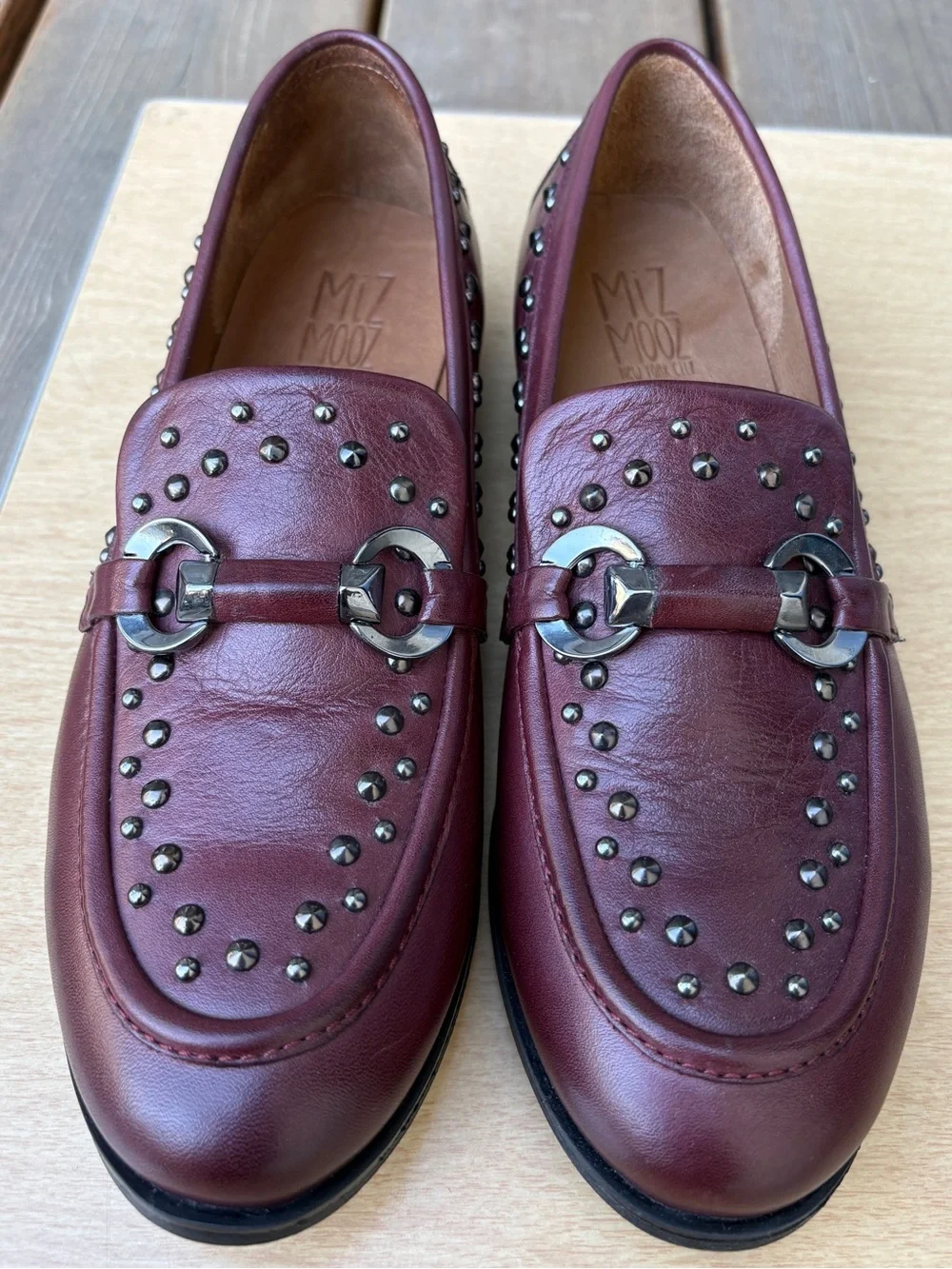 Miz Mooz Ira Studded Leather Loafers In Burgundy Sz 39 EU